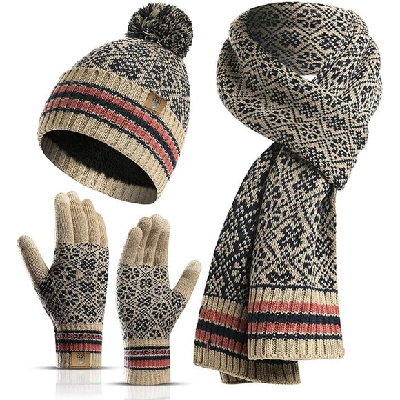 Women's 3Pieces Khaki Set Beanie Fleece Skull Cap Pompom Neck Scarves Gloves